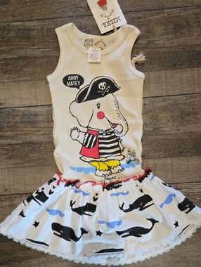 Misha Lulu Pirate Elephant Tank Dress in White with Black & Blue Print